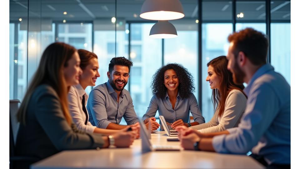 Un grupo diverso de profesionales sonriendo y colaborando en una oficina moderna, con iconos de gráficos de crecimiento y satisfacción flotando sutilmente en el aire, representando el impacto positivo de los programas.