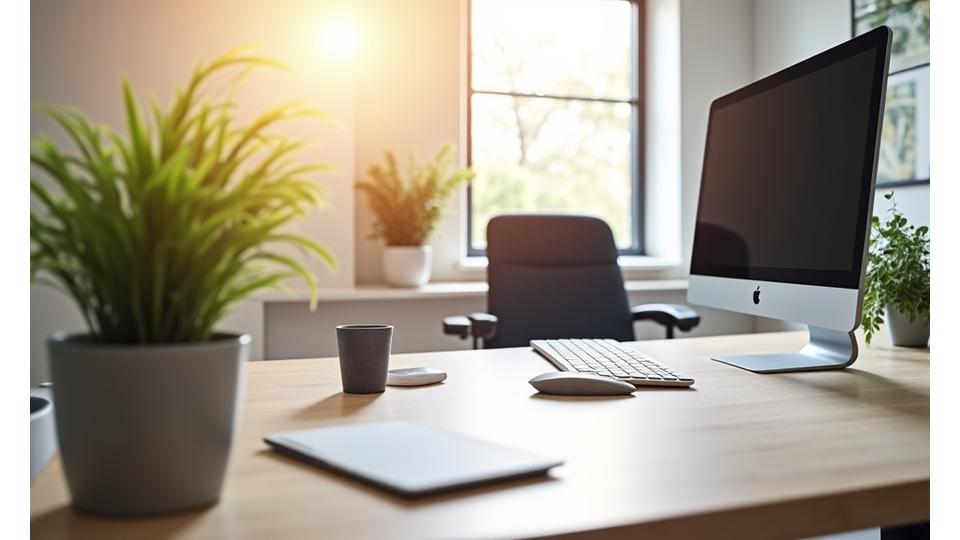Un espacio de oficina moderno y ergonómico con silla ajustable, monitor a la altura correcta, buena iluminación natural y plantas. Transmite sensación de calma y eficiencia.