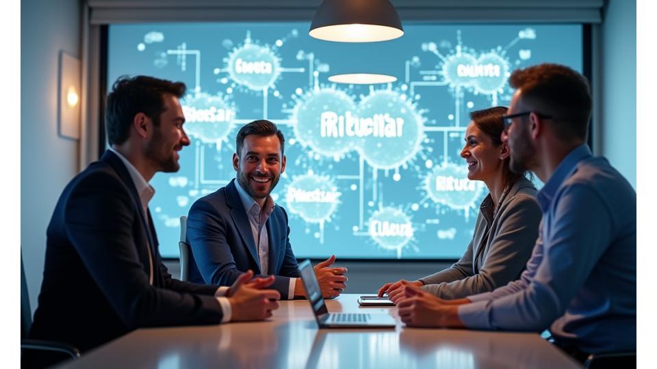 Líderes empresariales diversos y sonrientes en una sala de reuniones con una pizarra transparente en la que se ven conceptos de 'bienestar', 'productividad' y 'cultura'. La imagen transmite colaboración y previsión.