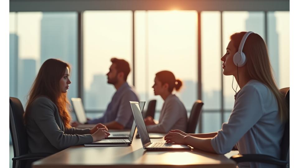 Varias personas en un entorno de oficina tranquilo, utilizando diferentes técnicas de relajación como meditación, estiramientos suaves y respiración profunda.