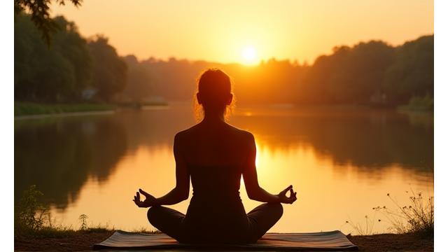 Persona meditando al atardecer