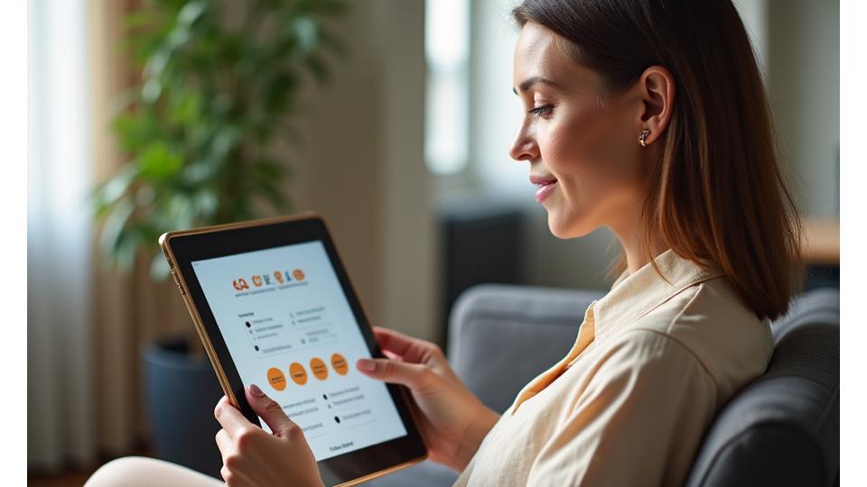 Mujer mayor respondiendo un cuestionario online en una tablet para encontrar su especialista ideal de bienestar. Cálida iluminación y ambiente tranquilo.