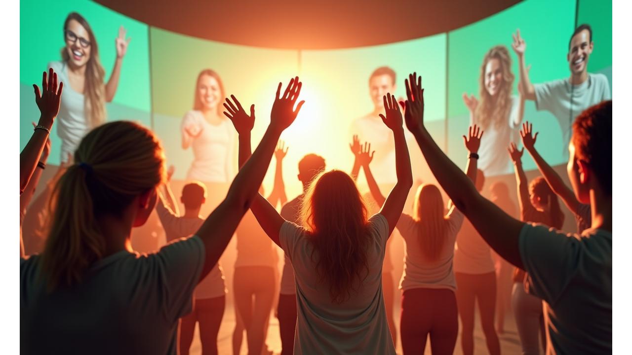 Grupo diverso de adultos interactuando y celebrando un logro en un evento virtual de fitness, con pantallas de chat y un ambiente de camaradería. Iluminación vibrante y positiva.