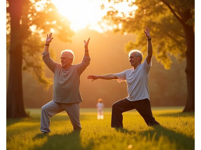Pareja adulta mayor haciendo estiramientos suaves y yoga en un parque tranquilo, simbolizando la recuperación y la actividad consciente.