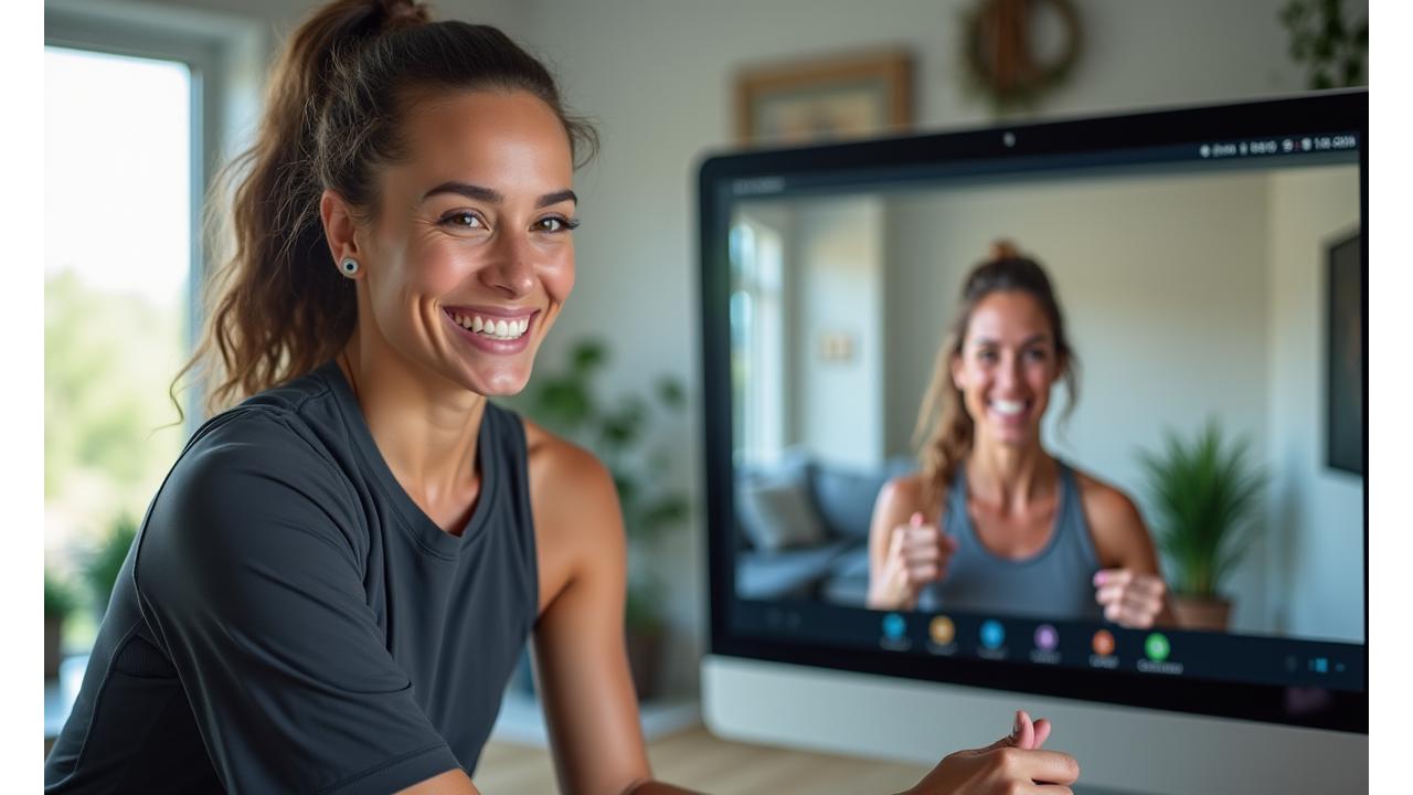 Entrenador personal certificado de Sendero Vívido interactuando virtualmente con un cliente adulto, mostrando apoyo y consejo a través de una videollamada.