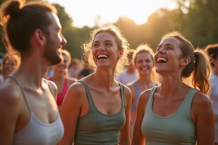 Grupo de personas sonriendo y charlando en un parque de Madrid durante un encuentro de bienestar