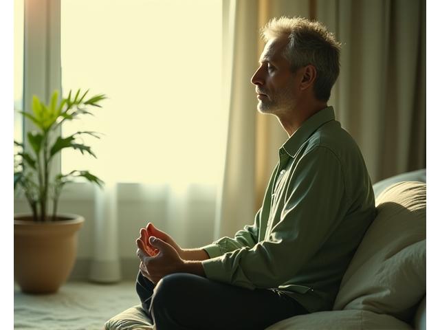 Pablo, con una expresión de calma, meditando en casa