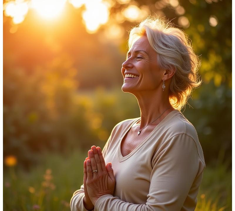 Mujer adulta sonriendo y haciendo yoga al aire libre, representando un camino hacia el bienestar