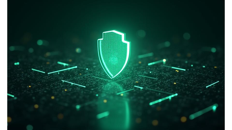 Ilustración abstracta de seguridad de datos con escudos y encriptación