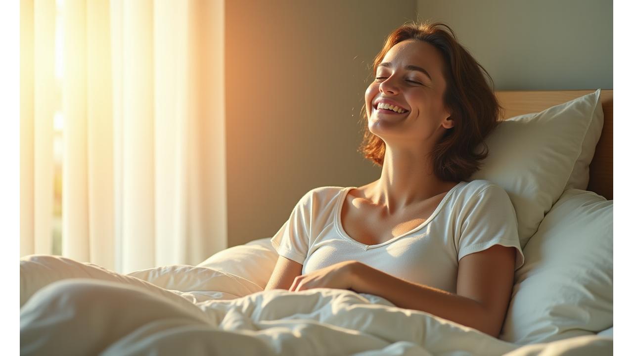 Mujer sonriendo pacíficamente con el sol de la mañana entrando por la ventana, simbolizando un despertar fresco y lleno de energía.