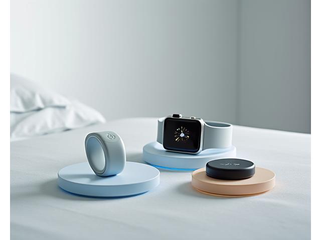 Dispositivos de seguimiento de sueño modernos como un anillo inteligente, un reloj deportivo y un sensor de cama, presentados sobre una superficie minimalista con una luz suave que sugiere calma.