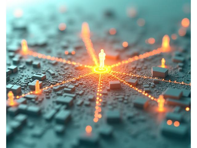 Mapa estilizado de Madrid con puntos luminosos y estadísticas que indican el impacto de los programas de bienestar en diferentes barrios, con íconos de personas beneficiadas y centros de colaboración.