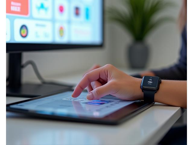 Mano sosteniendo un smartwatch mientras sincroniza datos con una tableta que muestra una app de salud, simbolizando la integración con wearables.