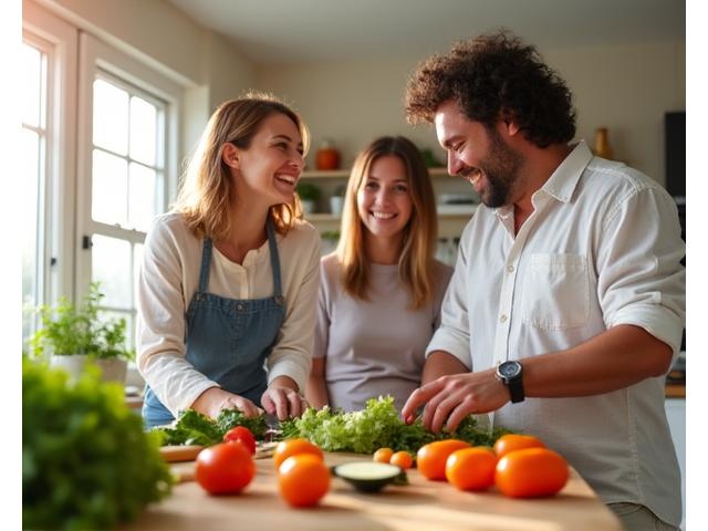 Familia feliz preparando una comida saludable juntos en una cocina moderna, enfatizando la preparación rápida y nutritiva