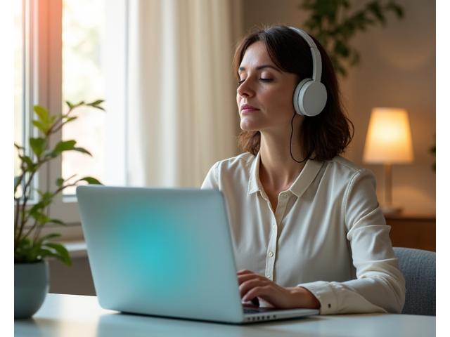 Profesional adulto practicando mindfulness en un entorno de oficina tranquilo con auriculares, ilustrando la gestión del estrés laboral