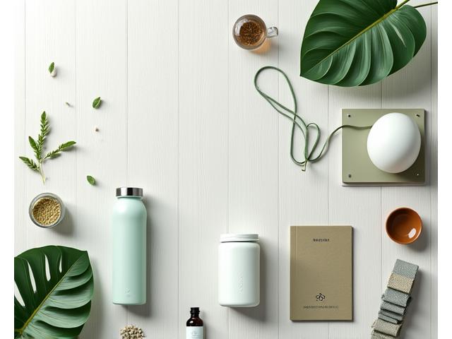Colección de productos de bienestar cuidadosamente seleccionados sobre una mesa de madera clara.