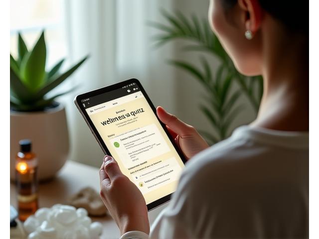 Persona realizando un quiz de bienestar en una tableta, rodeada de productos naturales.