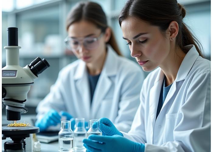 Científicos en un laboratorio examinando productos de bienestar con equipos de alta tecnología.