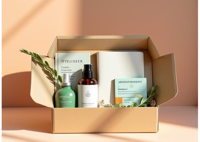 Caja de suscripción abierta con productos de bienestar dentro, como té, aceites esenciales y una vela.